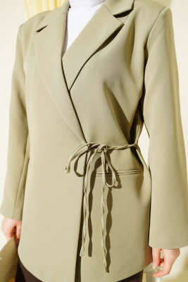 Yan İp Bağlamalı Kruvaze Blazer Ceket Çağla Yeşili - Ceket