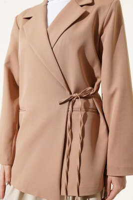 Yan İp Bağlamalı Kruvaze Blazer Ceket Camel - Ceket
