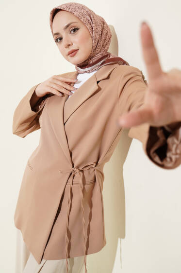 Yan İp Bağlamalı Kruvaze Blazer Ceket Camel - Ceket