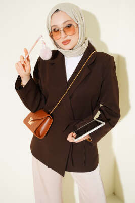 Yan İp Bağlamalı Kruvaze Blazer Ceket Kahve - MD TREND