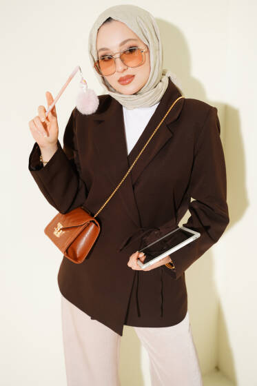 Yan İp Bağlamalı Kruvaze Blazer Ceket Kahve - Ceket