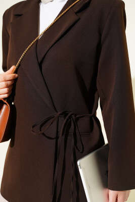 Yan İp Bağlamalı Kruvaze Blazer Ceket Kahve - Ceket