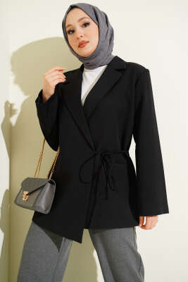 Yan İp Bağlamalı Kruvaze Blazer Ceket Siyah - MD TREND