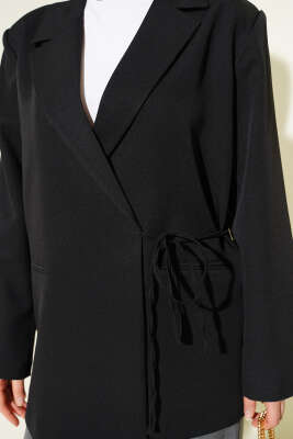 Yan İp Bağlamalı Kruvaze Blazer Ceket Siyah - Ceket