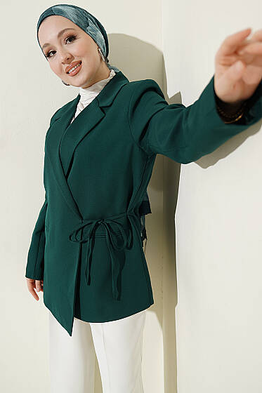 Yan İp Bağlamalı Kruvaze Blazer Ceket Zümrüt - Ceket