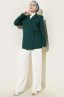 Yan İp Bağlamalı Kruvaze Blazer Ceket Zümrüt - Ceket