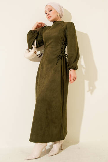 Yan İp Bağlamalı Süet Elbise Haki - Elbise