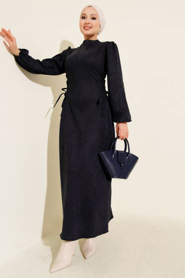 Yan İp Bağlamalı Süet Elbise Lacivert - Elbise