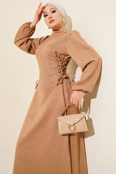 Yan İp Bağlamalı Süet Elbise Latte - Elbise