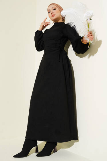 Yan İp Bağlamalı Süet Elbise Siyah - Elbise