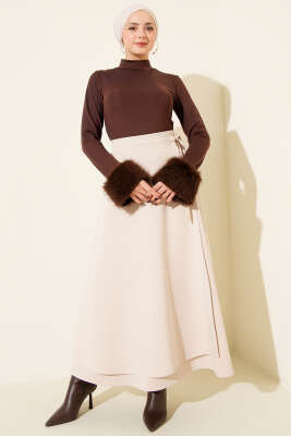 Yan İp Kuşaklı Scuba Etek Bej - Etek