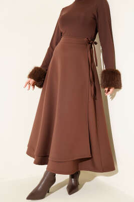 Yan İp Kuşaklı Scuba Etek Kahve - ASME