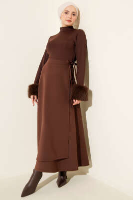 Yan İp Kuşaklı Scuba Etek Kahve - Etek