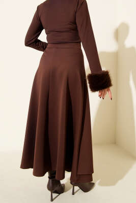 Yan İp Kuşaklı Scuba Etek Kahve - Etek