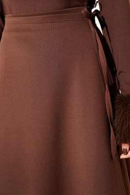 Yan İp Kuşaklı Scuba Etek Kahve - Etek