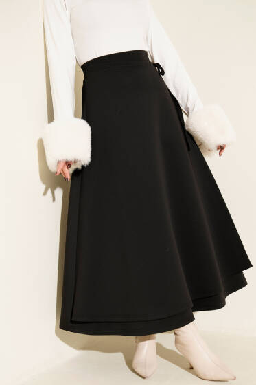 Yan İp Kuşaklı Scuba Etek Siyah - Etek