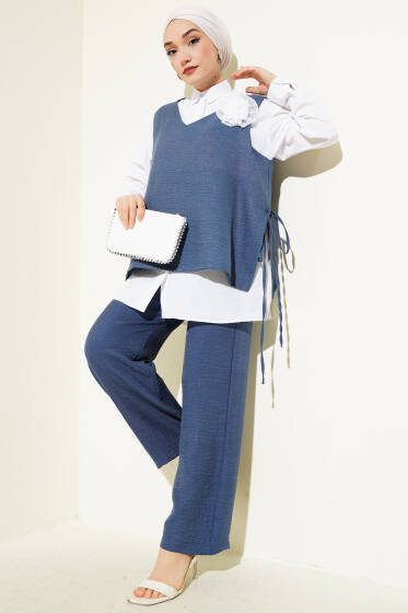 Yan İpli Yelekli Üçlü Takım İndigo - İkili Takım