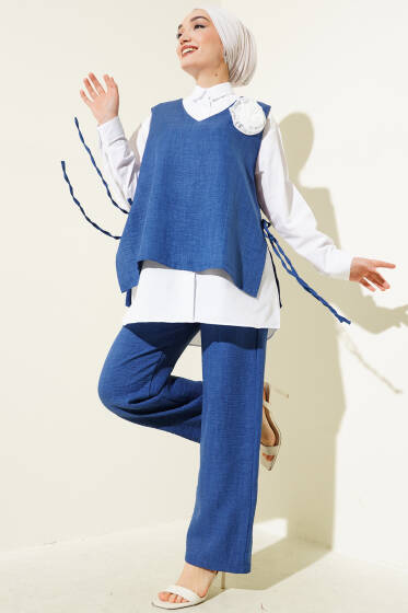 Yan İpli Yelekli Üçlü Takım Mavi - İkili Takım