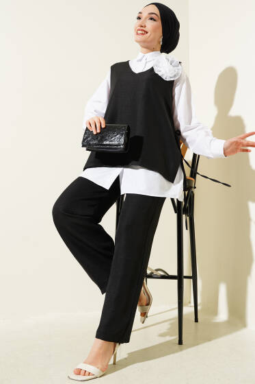 Yan İpli Yelekli Üçlü Takım Siyah - İkili Takım