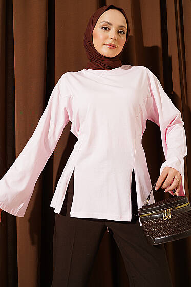 Yan İpli Yırtmaçlı Tunik Pembe - Tunik