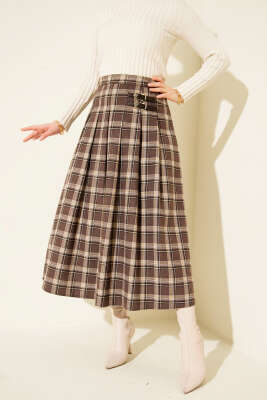 Yan Kemer Detaylı Ekoseli Etek Kestane - MISRA