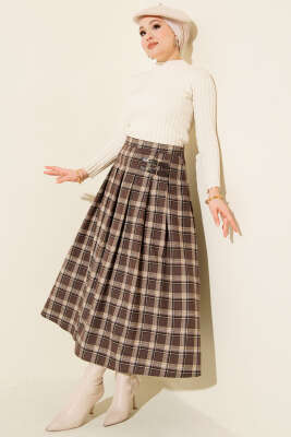 Yan Kemer Detaylı Ekoseli Etek Kestane - Etek