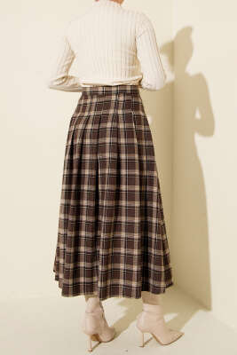 Yan Kemer Detaylı Ekoseli Etek Kestane - Etek