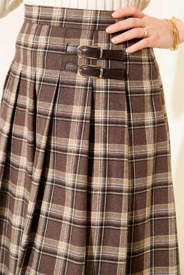 Yan Kemer Detaylı Ekoseli Etek Kestane - Etek