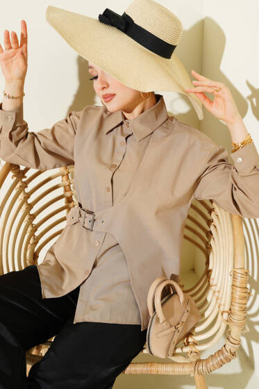 Yan Kemer Detaylı Gömlek Bej - Gömlek