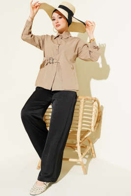 Yan Kemer Detaylı Gömlek Bej - Gömlek