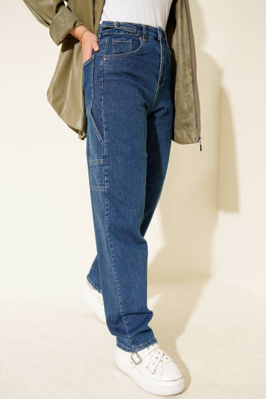 Yan Kemer Tokalı Mom Kot Pantolon Mavi - Pantolon