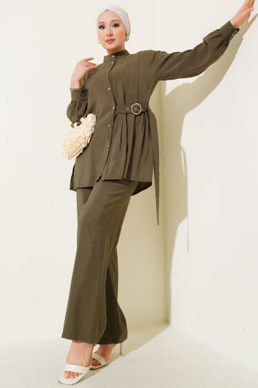 Yan Kemerli Düğmeli İkili Takım Haki - İkili Takım