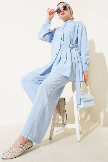 Yan Kemerli Düğmeli İkili Takım Mavi - İkili Takım