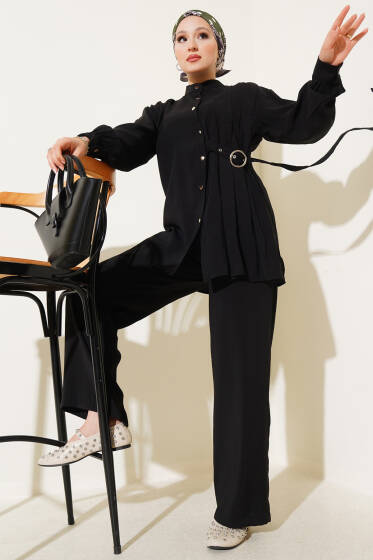 Yan Kemerli Düğmeli İkili Takım Siyah - İkili Takım