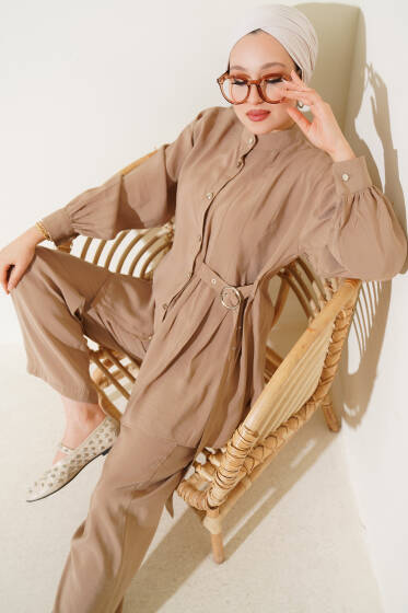 Yan Kemerli Düğmeli İkili Takım Vizon - İkili Takım