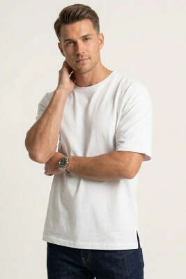 Yan Kesikli Basic Erkek T-Shirt Ekru - MARRAKECH