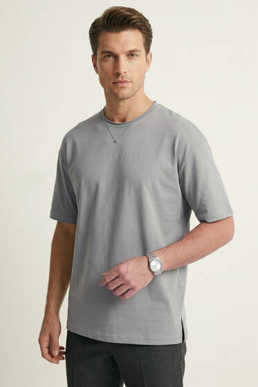 Yan Kesikli Basic Erkek T-Shirt Gri - Erkek T-shirt