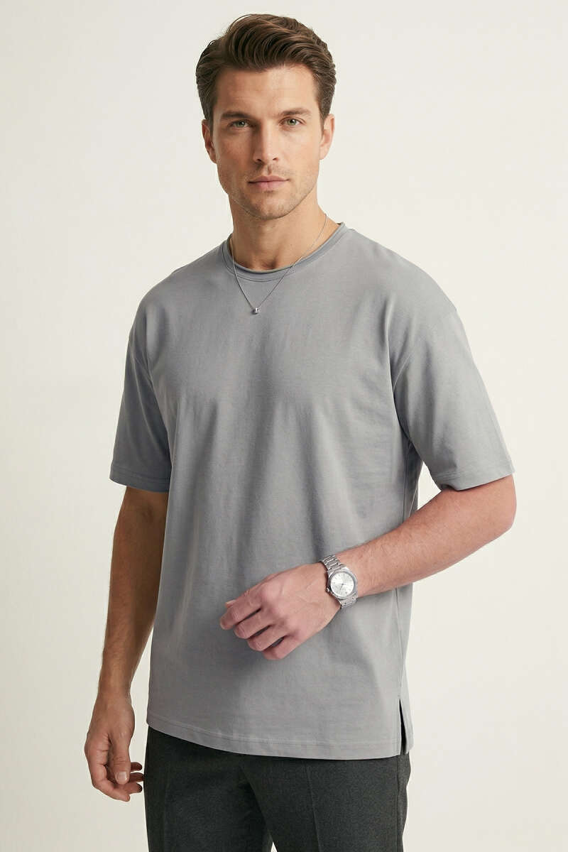 Yan Kesikli Basic Erkek T-Shirt Gri