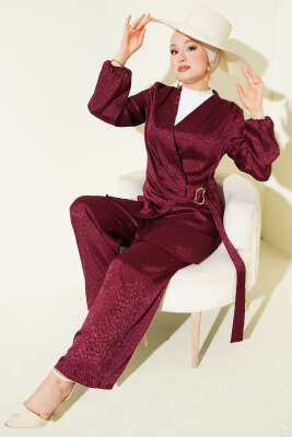 Yan Kuşaklı Tokalı Jakar İkili Takım Bordo - BERAT TEKSTİL