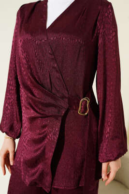 Yan Kuşaklı Tokalı Jakar İkili Takım Bordo - İkili Takım