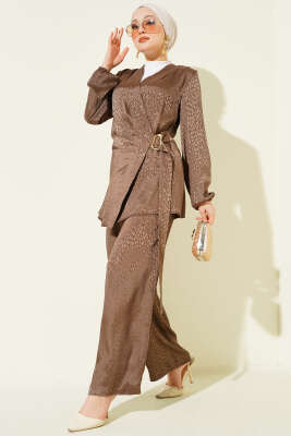 Yan Kuşaklı Tokalı Jakar İkili Takım Kahve - BERAT TEKSTİL