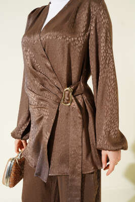 Yan Kuşaklı Tokalı Jakar İkili Takım Kahve - İkili Takım