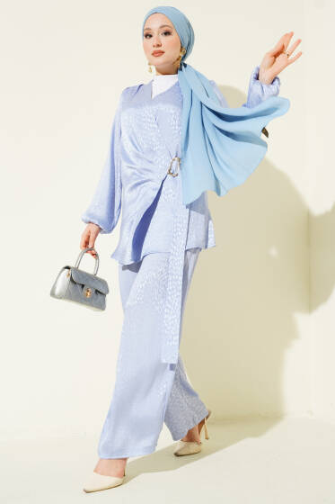 Yan Kuşaklı Tokalı Jakar İkili Takım Mavi - İkili Takım