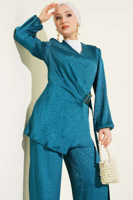 Yan Kuşaklı Tokalı Jakar İkili Takım Petrol Yeşili - İkili Takım