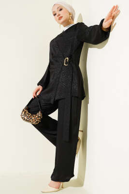 Yan Kuşaklı Tokalı Jakar İkili Takım Siyah - BERAT TEKSTİL