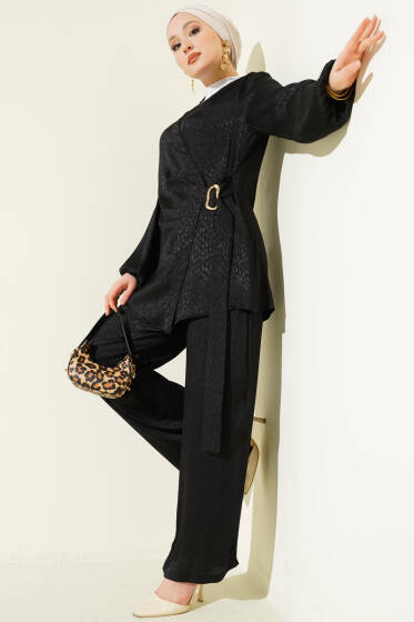 Yan Kuşaklı Tokalı Jakar İkili Takım Siyah - İkili Takım