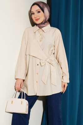 Yan Parça Bağlamalı Salaş Gömlek Bej - NEVA MODA