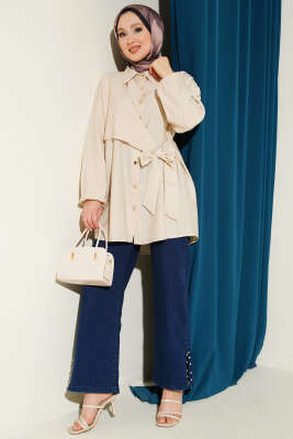 Yan Parça Bağlamalı Salaş Gömlek Bej - Gömlek