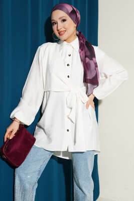 Yan Parça Bağlamalı Salaş Gömlek Ekru - NEVA MODA