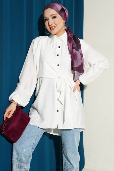 Yan Parça Bağlamalı Salaş Gömlek Ekru - Gömlek